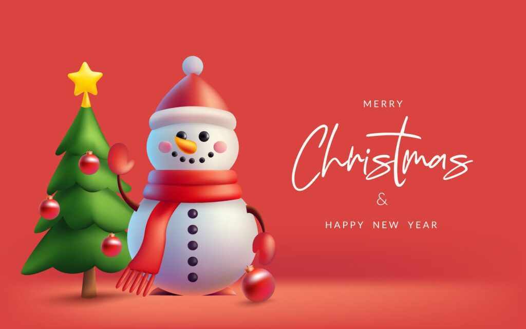 Festive 3D vector illustration of a cute snowman and pine tree for Christmas banner. Holiday design with realistic elements. Not . Free Vector