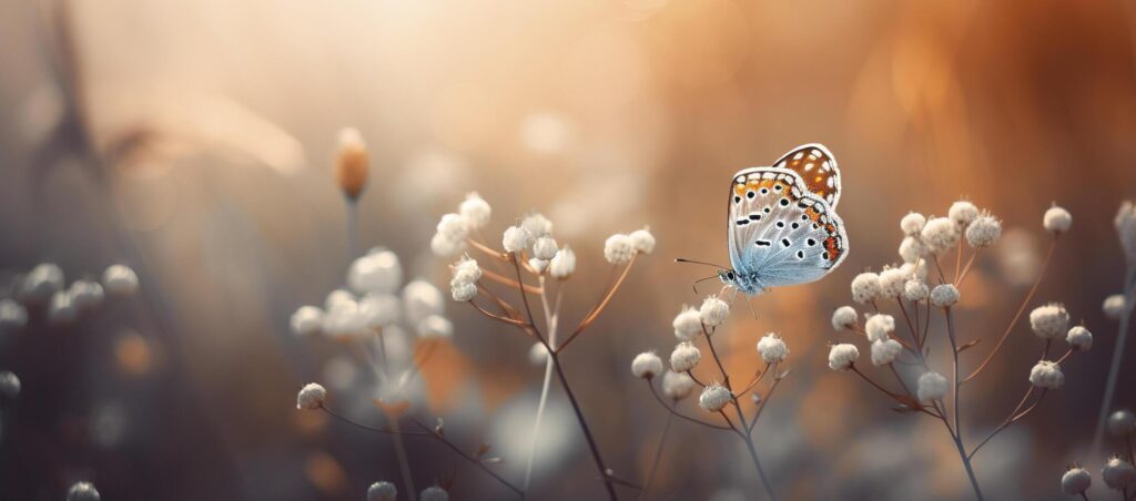 Field of daisies in golden rays of the setting sun in spring summer nature with an orange butterfly outdoors, Free Photo