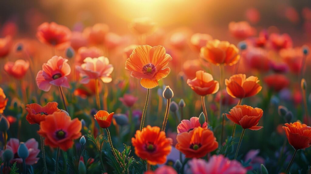 Field of Flowers With Sun in Background Stock Free