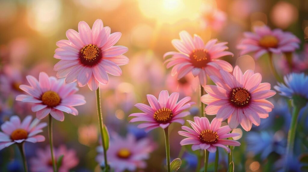 Field of Pink Flowers With Sun in Background Stock Free