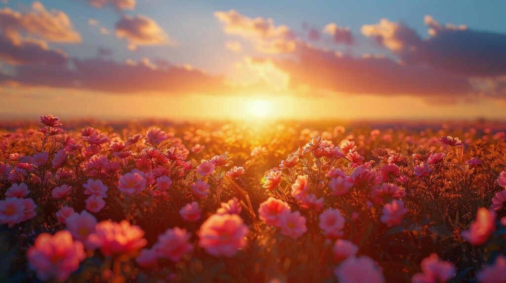 Field of Purple Flowers With Sun in Background Stock Free