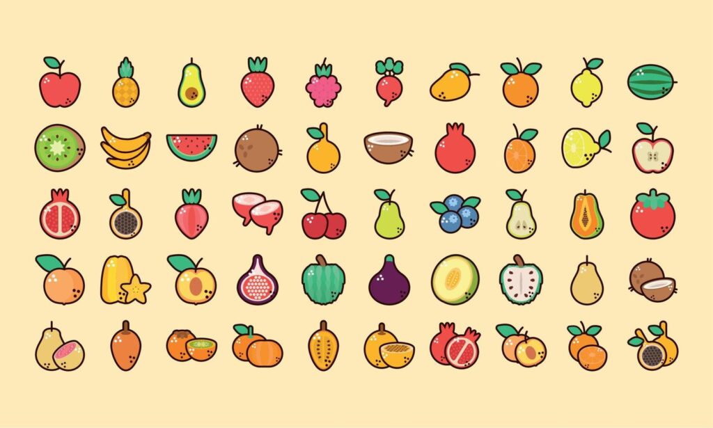 fifty fresh fruits icons Stock Free