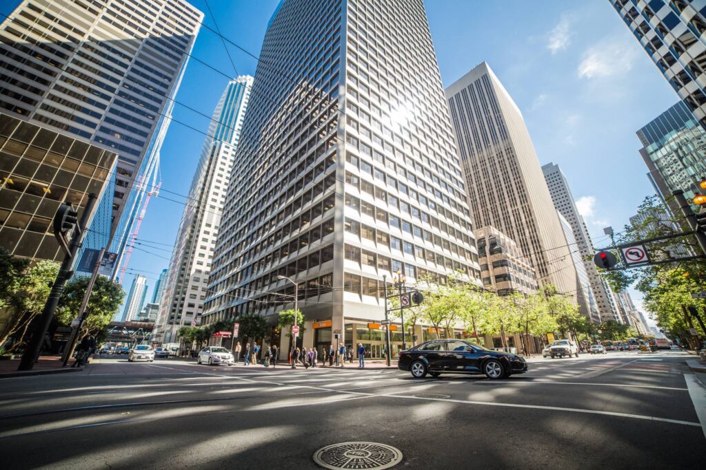 Fisheye Shot of Streets and Skyscrapers in a Big City Free Photo