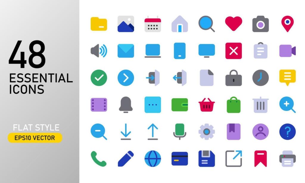 Flat essential icon set. Commonly used icon for digital technology and app user interface. Flat rounded essential icon collection. Stock Free