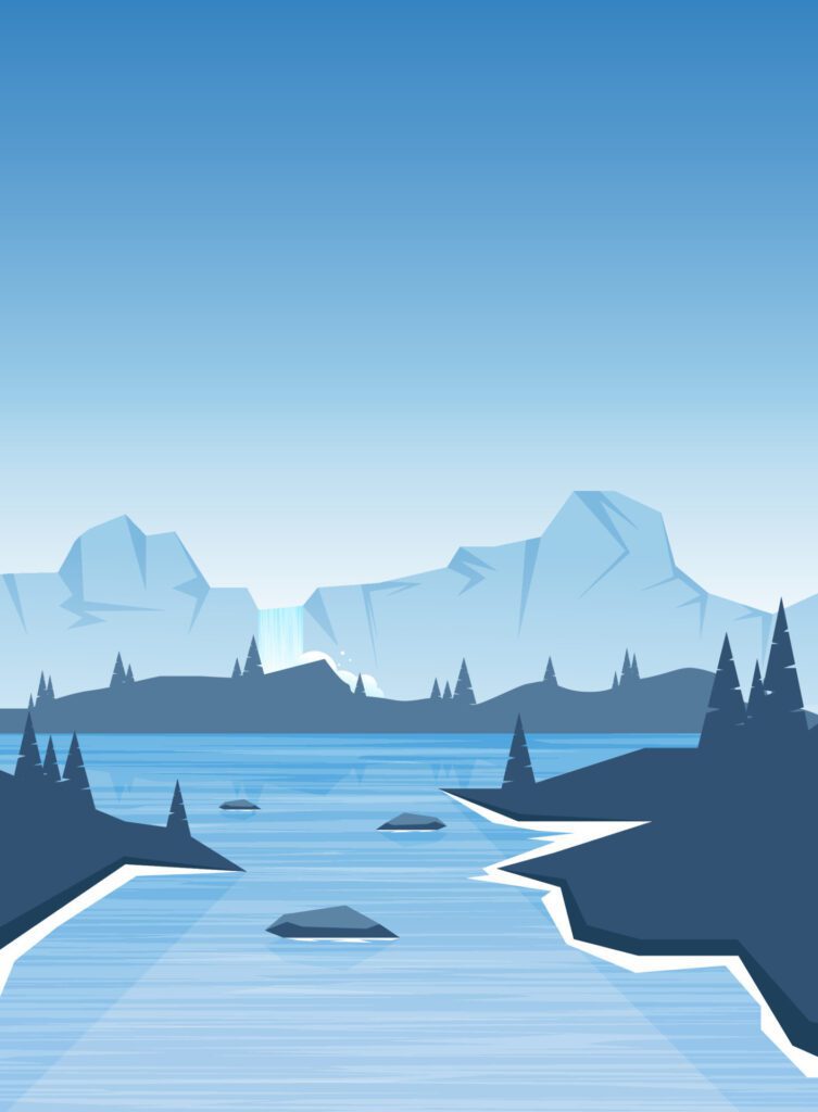 flat icy cold lake with mountain and clear sky illustration Free Vector