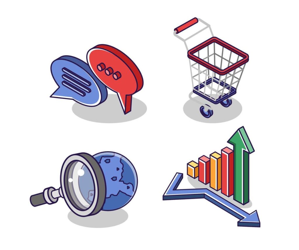 Flat isometric concept illustration. bundle set of business e-commerce icons Stock Free