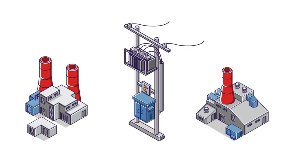 Flat isometric concept illustration. bundle set of electric poles and factory industry icons Stock Free