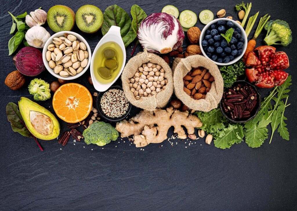 Flat lay of healthy fresh foods Stock Free