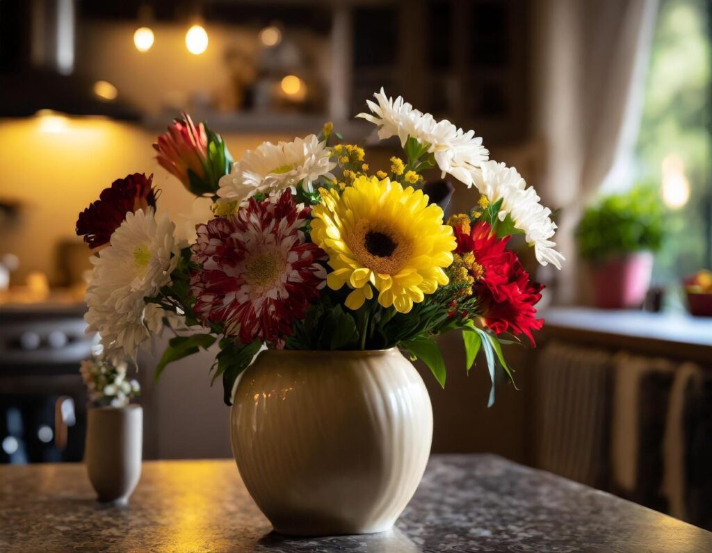 Flower in a vase with blurred kitchen background with low light Stock Free