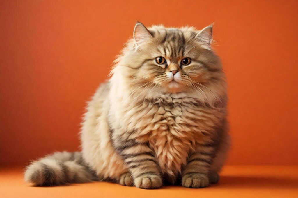 fluffy fat cute cat on orange background warm light Stock Free