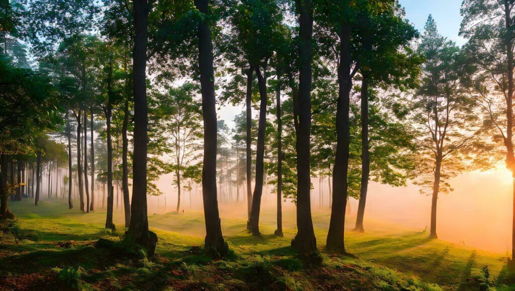 foggy landscape forest in the morning beautiful sunrise mist cover mountain background Stock Free