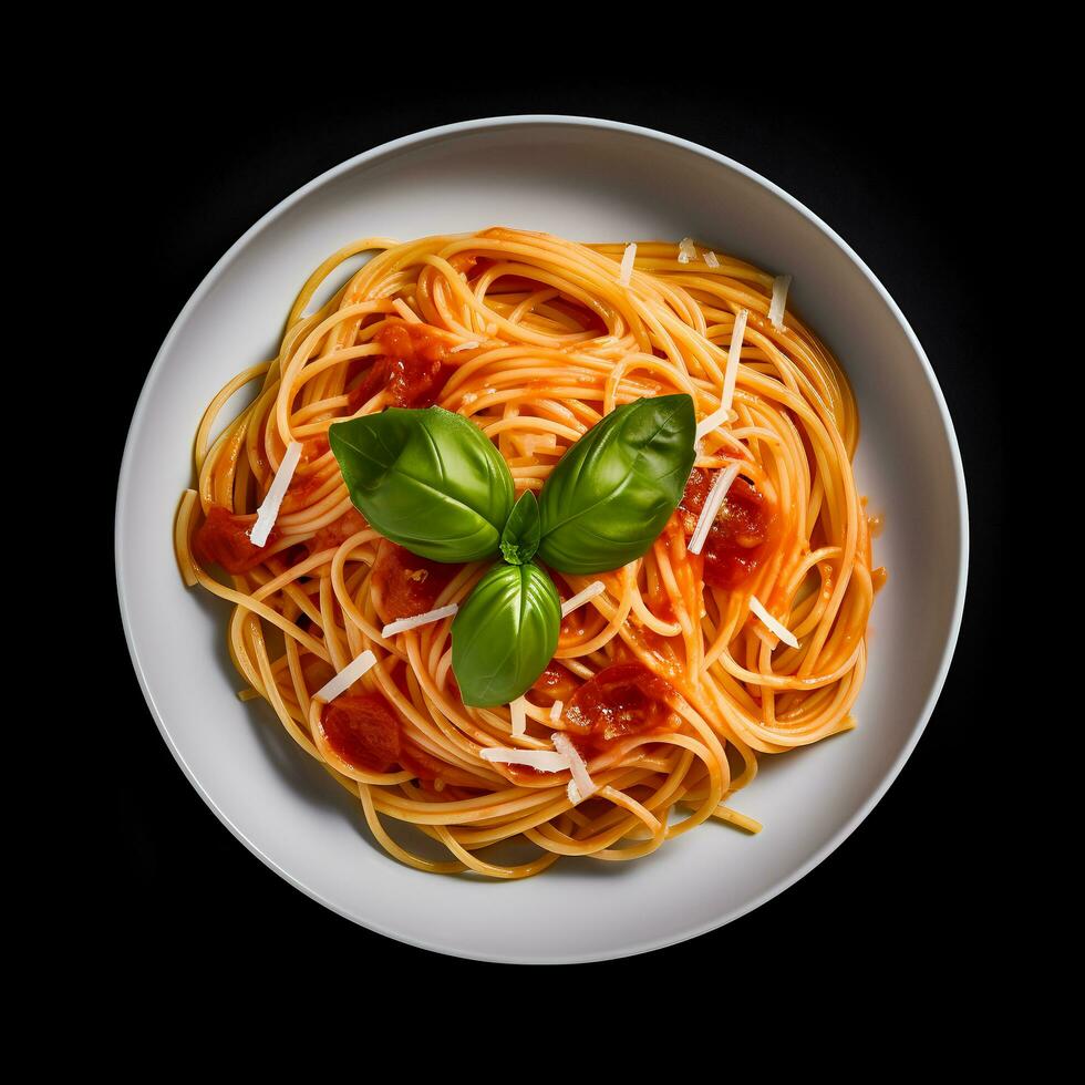 Food photography of Spaghetti on plate isolated on black background. Generative AI Stock Free