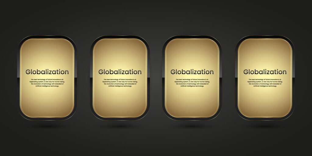 FOUR Black Luxury buttons infographic vector design. Four gold and black icons on isolated dark gradient background Stock Free