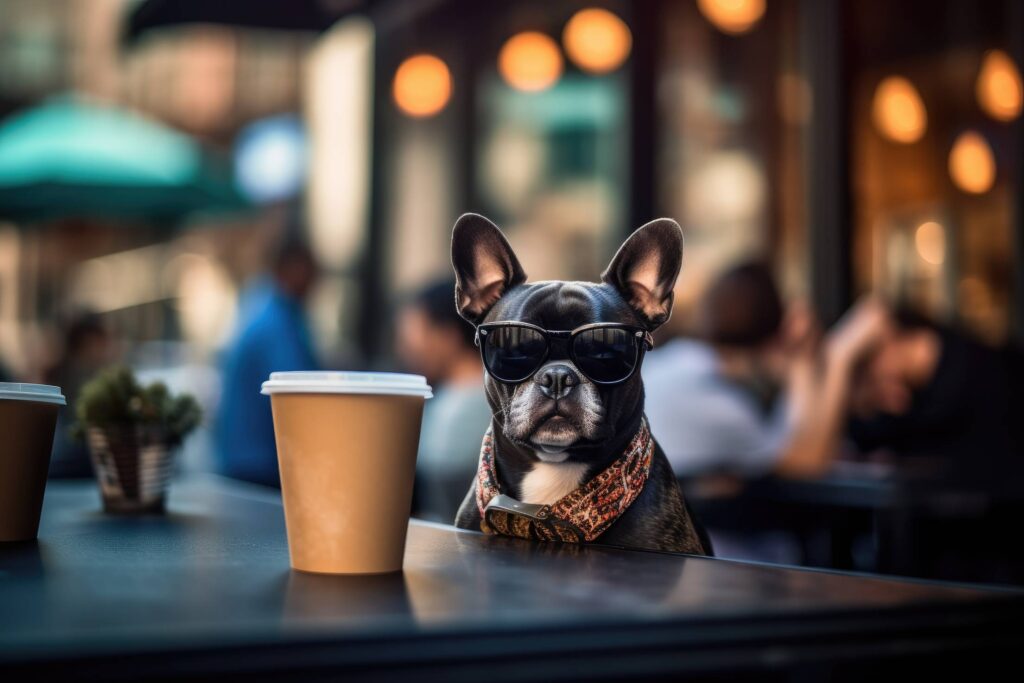 French Bulldog with Sunglasses Sitting in City Street Café Stock Free