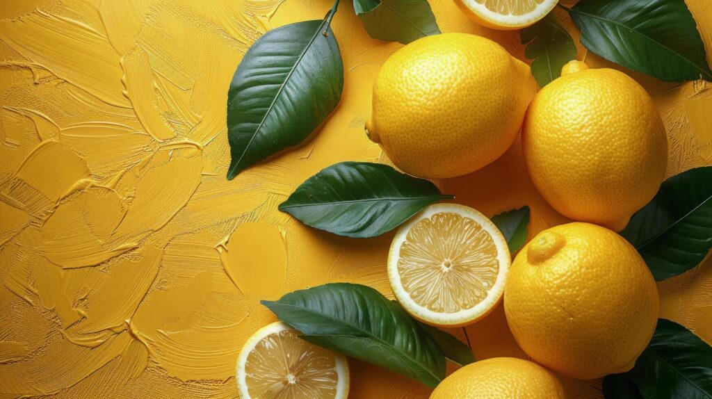 Fresh Lemons and Slices on Yellow Background Stock Free