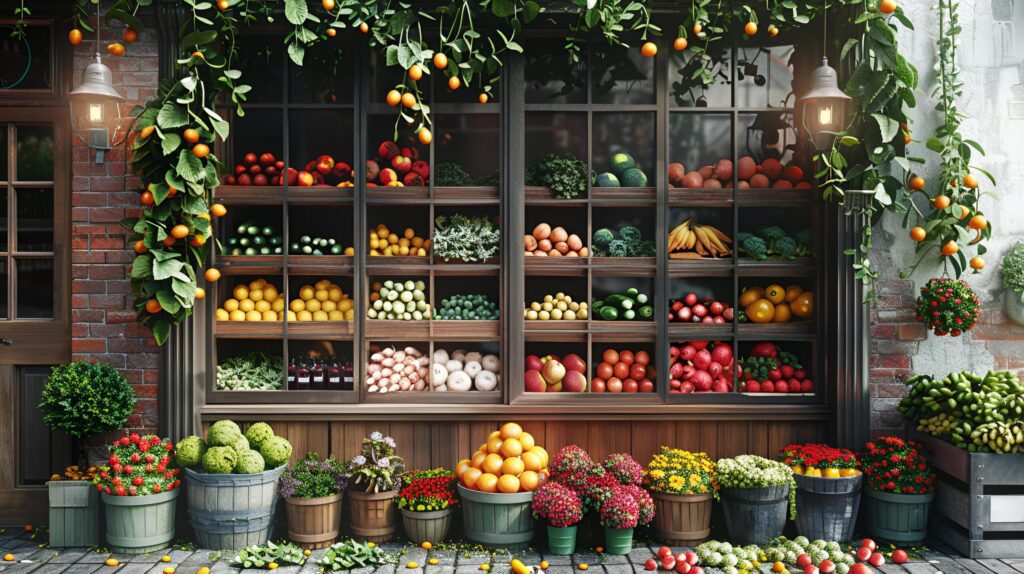 Fresh organic vegetables and fruits on the shelves for shop window front view only selling bio products at the farmers market. AI-Generated Free Photo