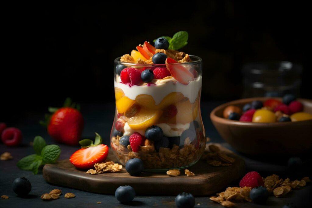 Fresh yogurt granola parfait with sliced nuts, fresh strawberry, raspberry, blueberry and mango fruits in a glass jar on dark background. Generative AI. Stock Free