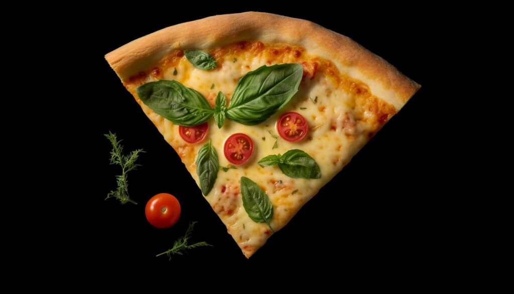 Freshly baked pizza slice with mozzarella, tomato, and herbs generated by AI Stock Free