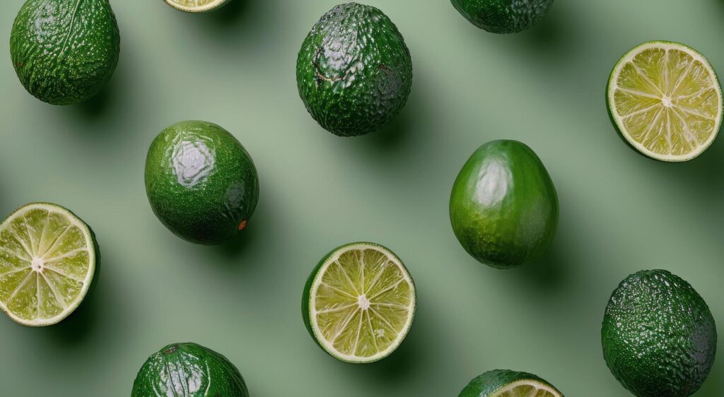 Freshly Sliced Avocados With Basil Leaves on a Green Background Stock Free