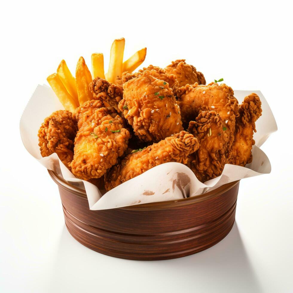 Fried chicken in paper bucket isolated on white background Stock Free