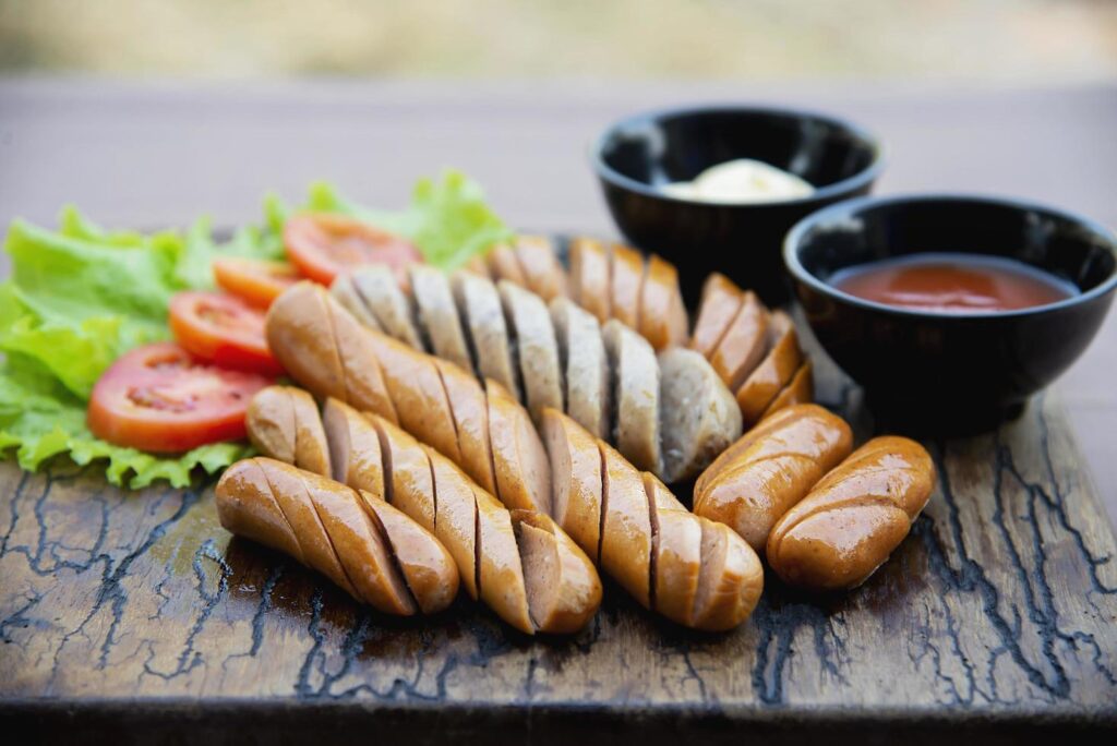 Fried sausages recipe with fresh tomato and sauces ketchup ready to be served, international food style concept Stock Free