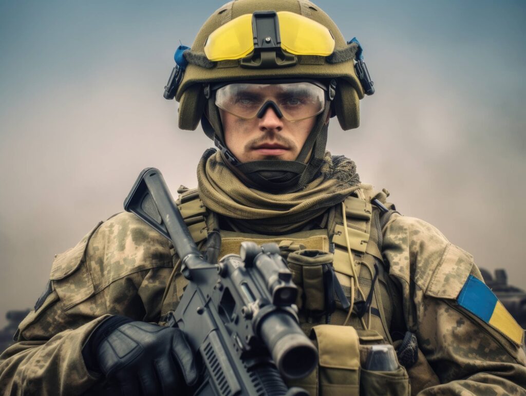 Full-Gear Ukrainian Soldier with Small Ukraine Flag on His Sleeve Stock Free