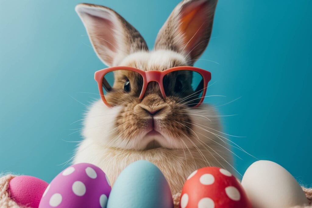 Funny Easter Bunny with Sunglasses and Easter Eggs Stock Free