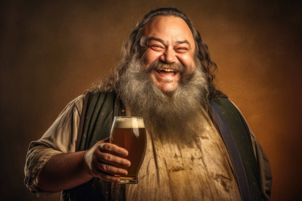 Funny Happy Man with Big Belly Drinking Beer Stock Free