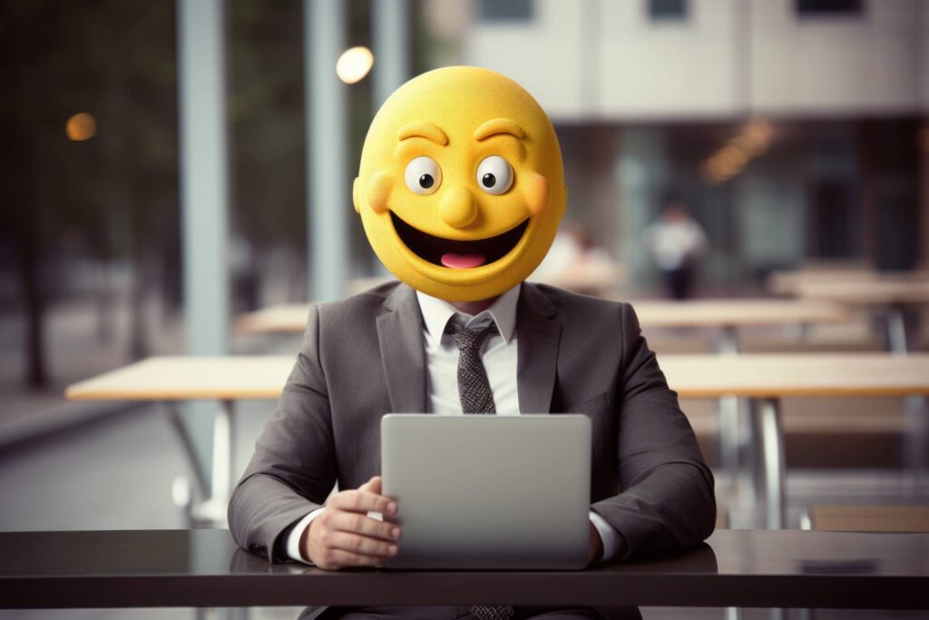 Funny Photo of a Business Man Working on His Laptop with Emoji as His Head Stock Free