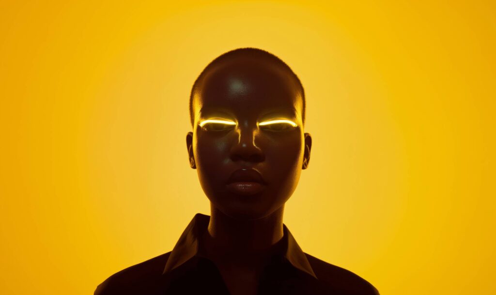 Futuristic Portrait of Woman With Glowing Eyes and Yellow Background Stock Free