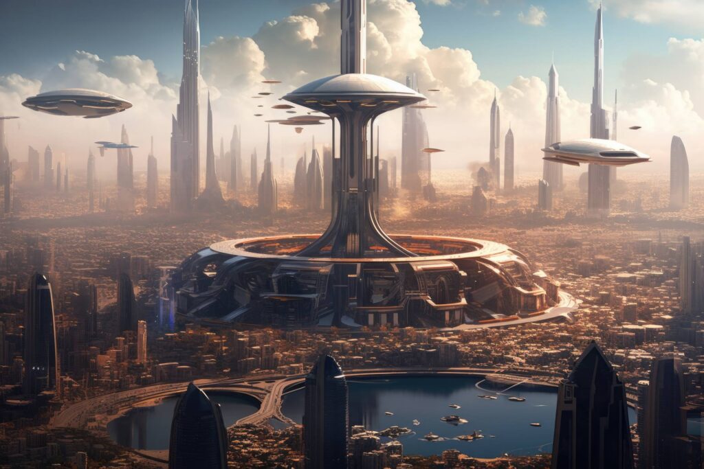 Futuristic Vision of Dubai City with Space Elevator Stock Free