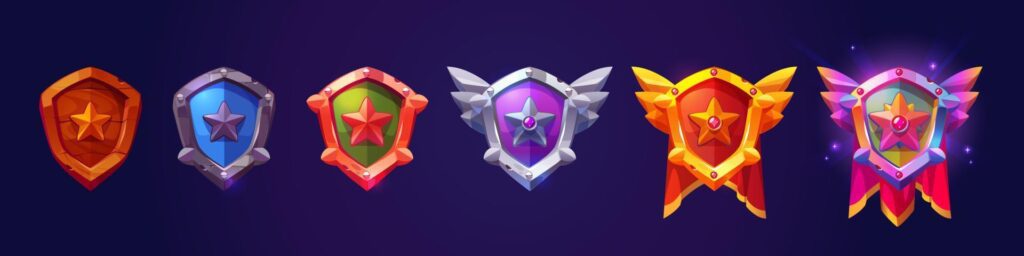 Game rank badge level icon, medal shield with star Stock Free