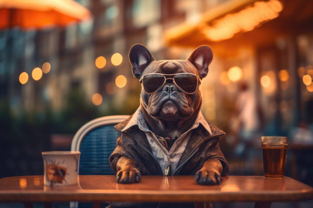 Gangster French Bulldog with Sunglasses Sitting at City Café Stock Free