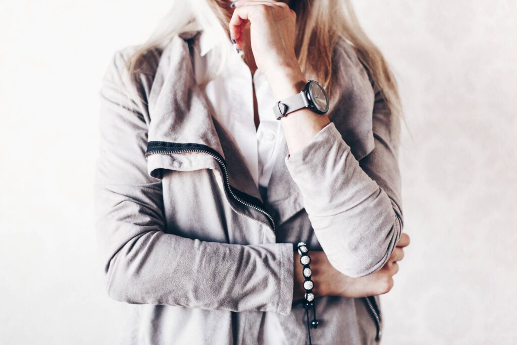 Girl Fashion Pose with Gray Watches and Suede Jacket #2 Free Photo