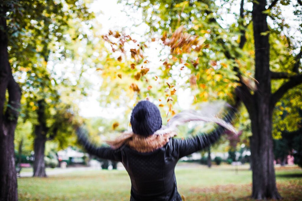 Girl Throwing Autumn Leaves in The Air Free Photo