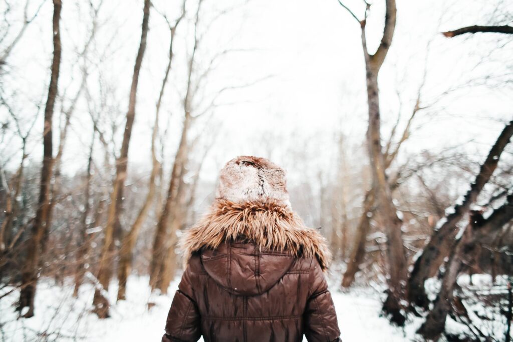 Girl Walking in Snowy Forest Free Photo