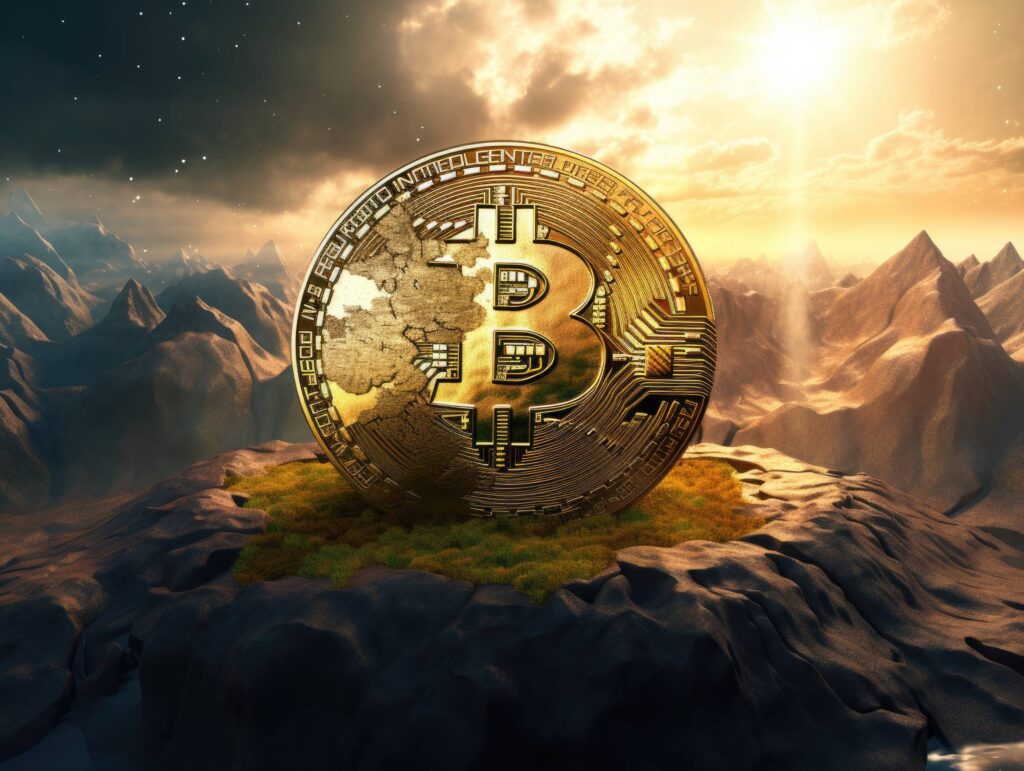 Gold Bitcoin Logo Emerging from Beautiful Earth Scenery Stock Free