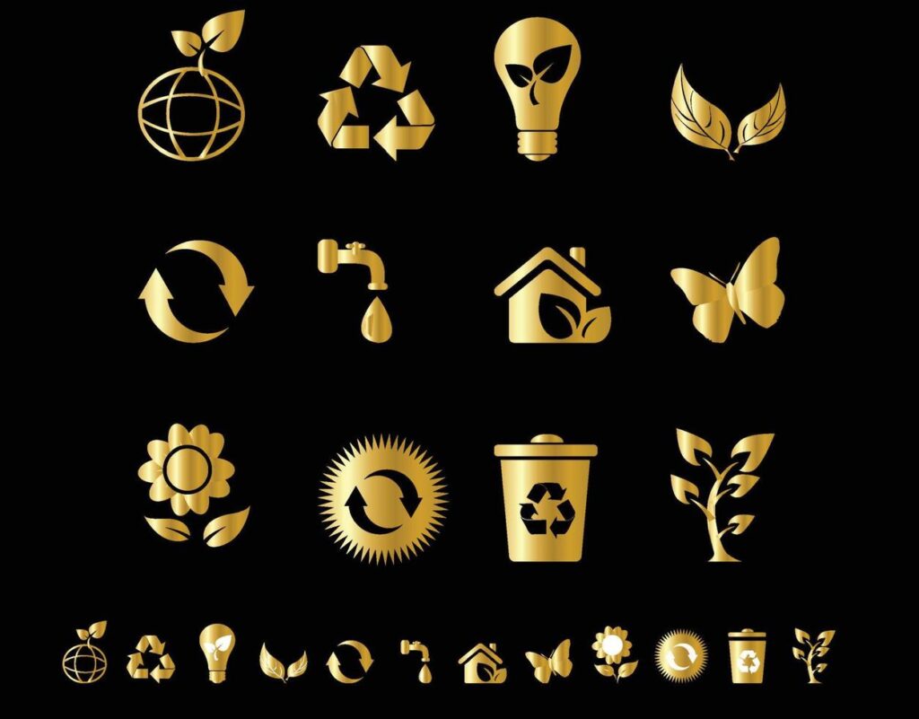 Gold eco icons isolate on black background Stock Free