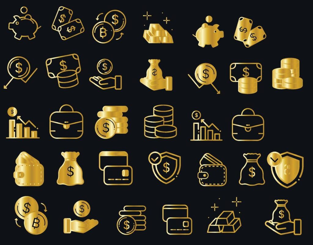 Gold financial icons isolate on black background Stock Free and Free SVG