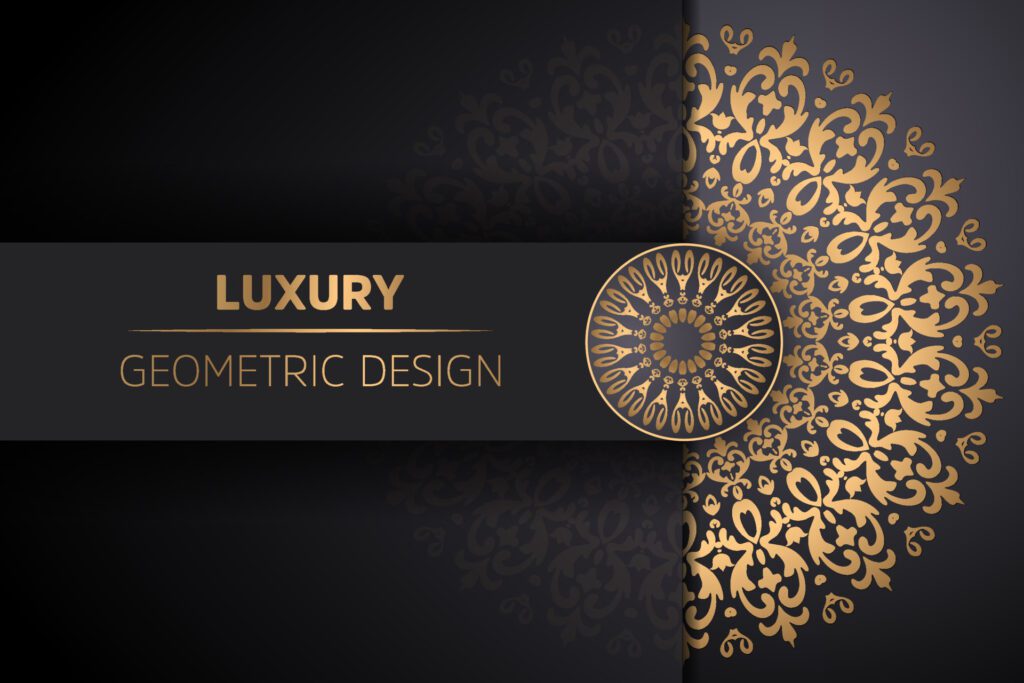 Golden arabesque Luxury geometric gold gradient dark mandala background. Design for any card, birthday, another holiday, yoga, Indian, folk, or Arabic. Indian pattern wallpaper Free Vector