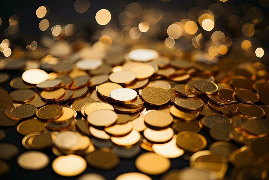 Golden coins with bokeh background, business and financial concept, Golden confetti on a Black background. Shallow depth of field, AI Generated Stock Free