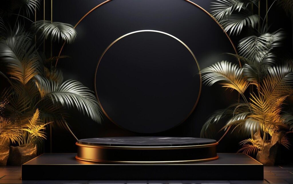 Golden Elegance Realistic 3D Black Pedestal with Palm Leaves on Black Background Free Photo