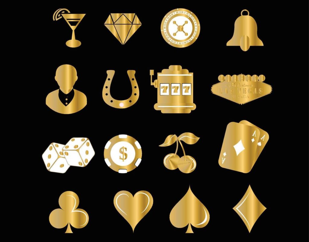 Golden gambling, poker card game, casino, luck vector icons isolated on black background Stock Free and Free SVG