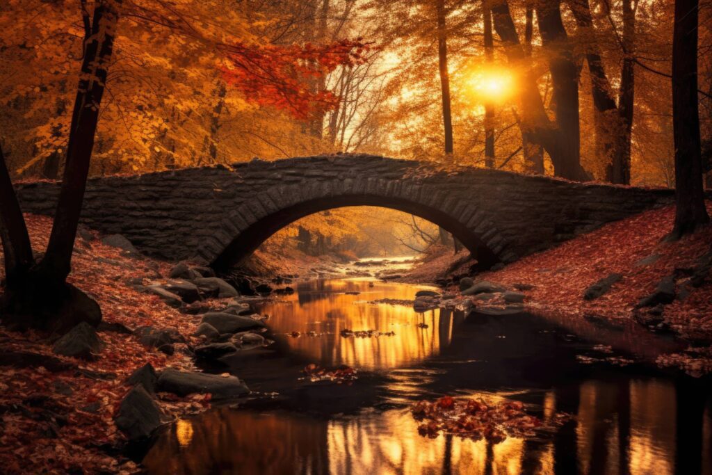 Golden Hour in Old Park Romantic Fall Nature with Old Bridge Stock Free