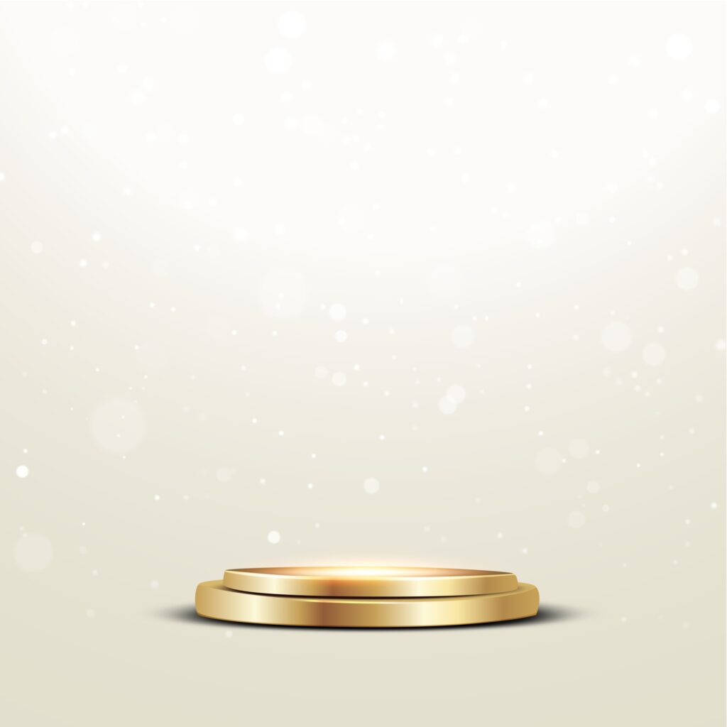 Golden podium with a spotlight and bokeh on a white background, the first place, fame and popularity. Vector illustration. – Vector Free Vector