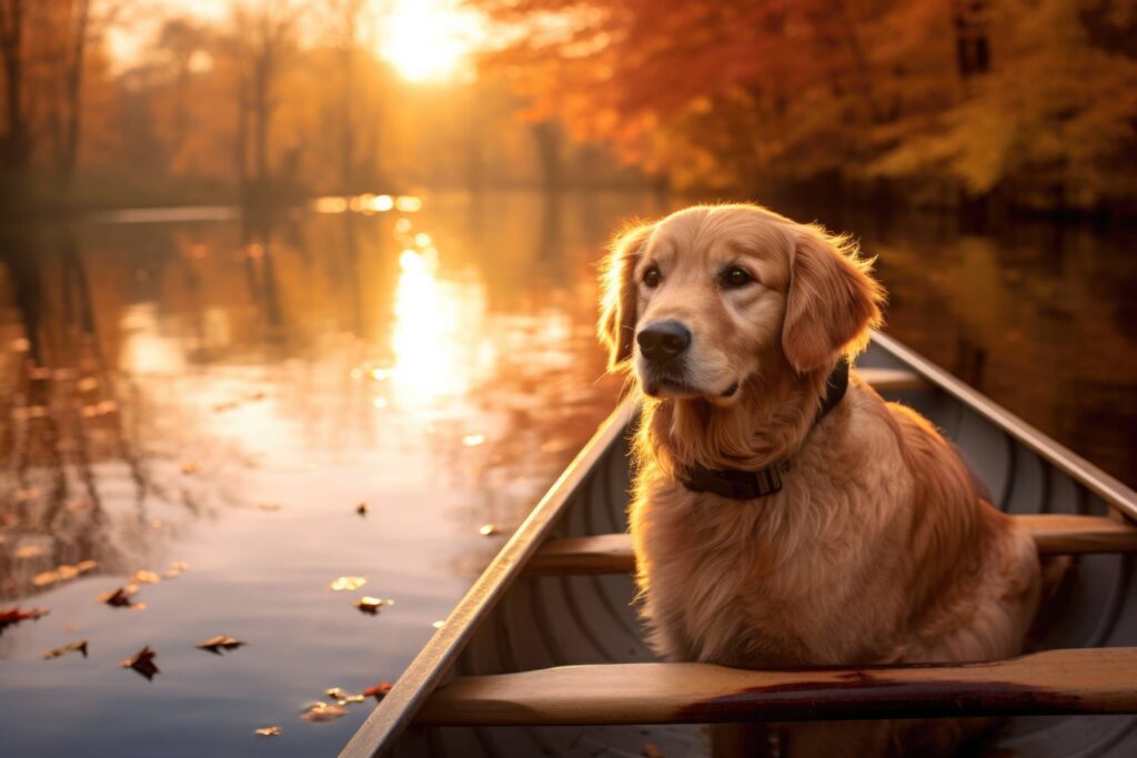 Golden Retriever Dog in Roving Boat During Autumn Stock Free