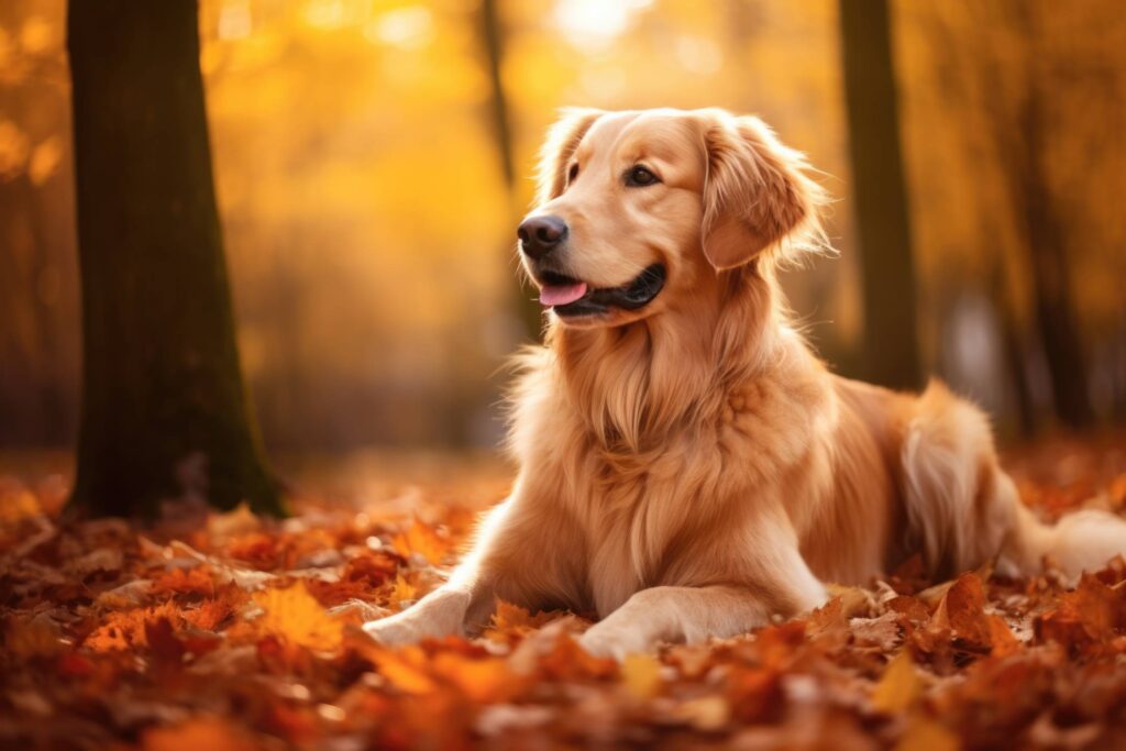 Golden Retriever in Autumn Forest Stock Free