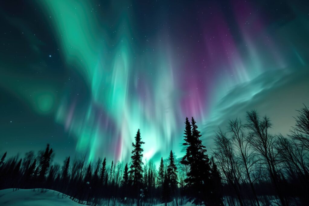 Gorgeous Aurora Borealis Over the Forest Stock Free