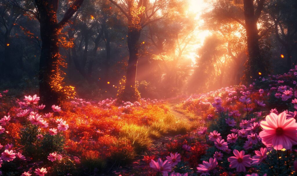 Gorgeous Fantasy Forest Full of Colorful Flowers Stock Free