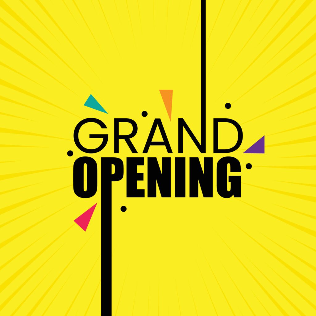 Grand opening banner design with celebration elements on yellow background. Opening soon typography poster design. Grand opening template design for business sale. Free Vector